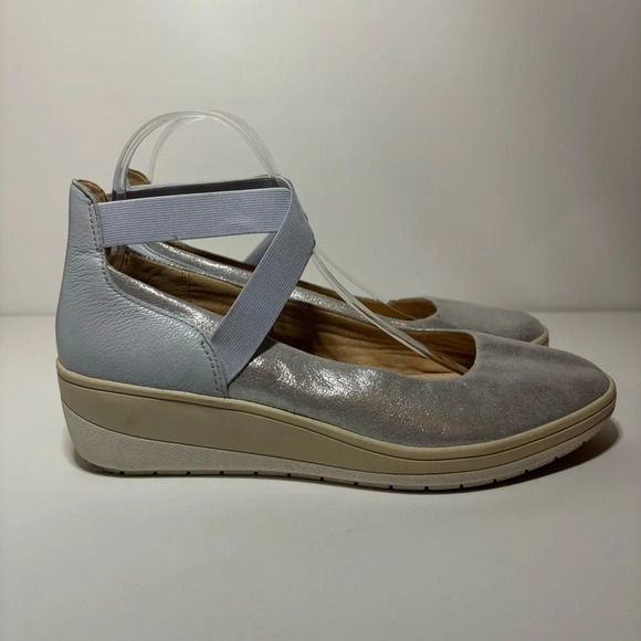 Vionic Ellery Ankle Wrap Ballerina Wedge Flats 10 Blue Leather Suede Slip On. - Picture 1 of 9